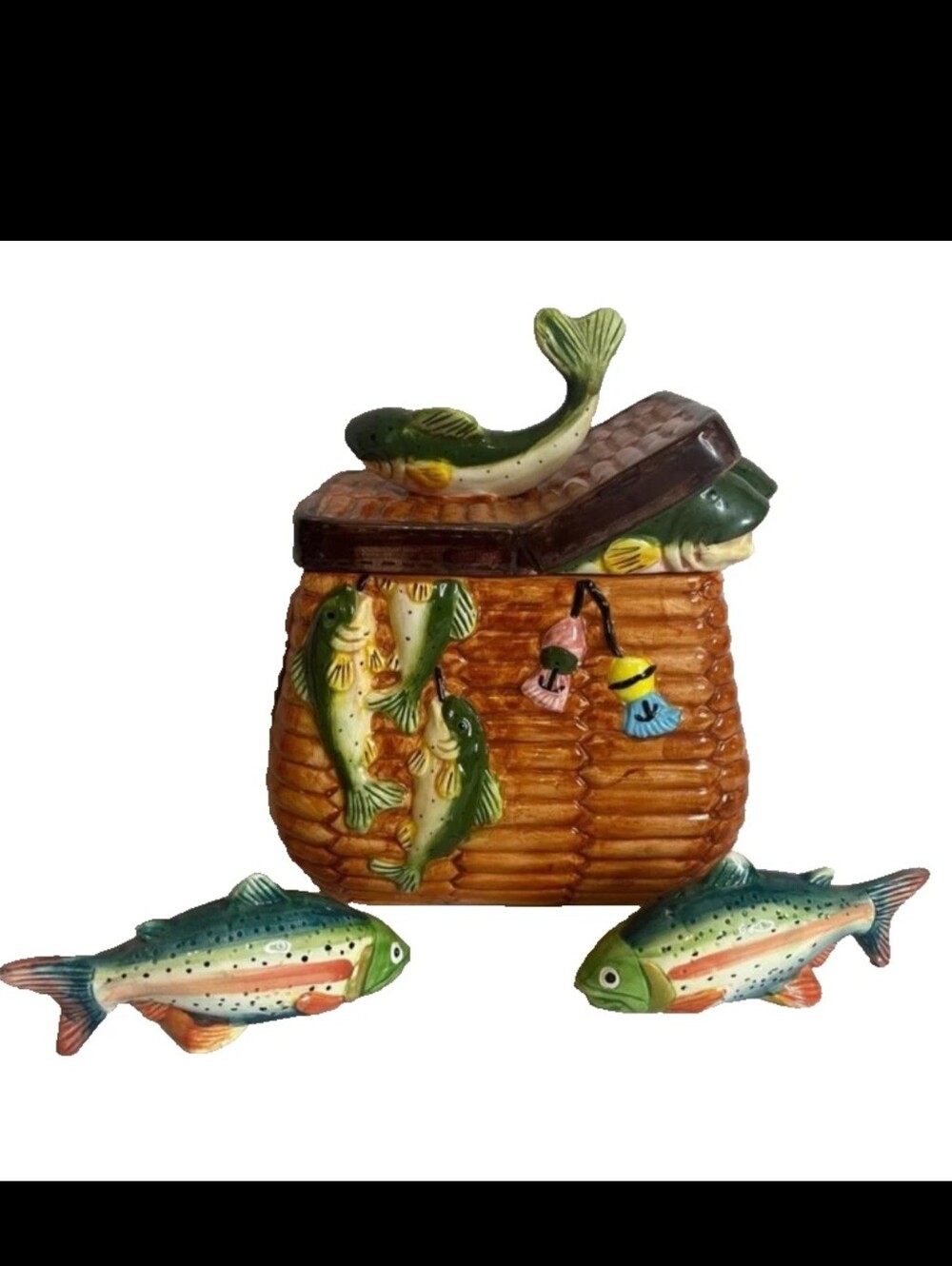 Vintage Mercuries Ceramic Fishing Creel Cookie Jar Salt Pepper Shakers Set Bass